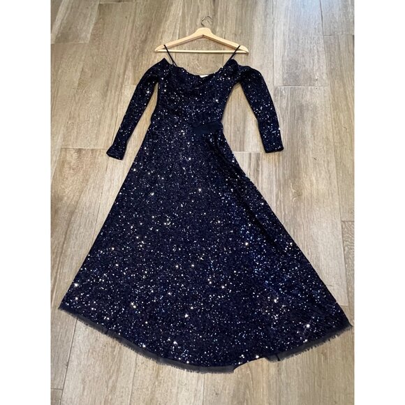 JASON WU COLLECTION Asymmetric navy cold-shoulder sequined chiffon maxi dress Si - Picture 8 of 12